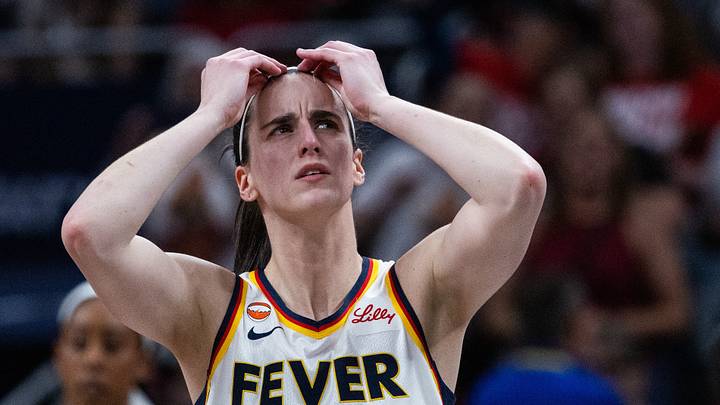 Jun 24, 2026; Indianapolis, Indiana, USA; Indiana Fever guard Caitlin Clark (22) reacts in the first half against the Phoenix Mercury at Gainbridge Fieldhouse. Mandatory Credit: Trevor Ruszkowski-Imagn Images