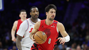 Mar 3, 2025; Philadelphia, Pennsylvania, USA; Portland Trail Blazers forward Deni Avdija (8) dribbles up court against the Philadelphia 76ers during the third quarter at Wells Fargo Center. Mandatory Credit: Bill Streicher-Imagn Images