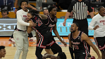 Houston Cougars guard Emanuel Sharp reacts after defeating the Duke Blue Devils in the semifinals of the men's Final Four of the 2025 NCAA Tournament at Alamodome. 