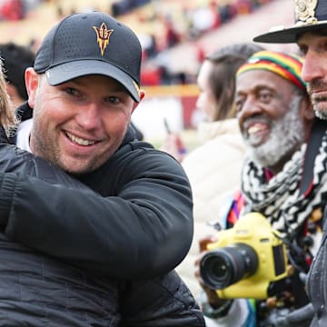 Nov 1, 2025; Ames, Iowa, USA; Arizona State Sun Devils head coach Kenny Dillingham is all smiles after the Sun Devils defeated the Iowa State Cyclones at Jack Trice Stadium. Mandatory Credit: Reese Strickland-Imagn Images