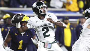 Oct 26, 2024; Ann Arbor, Michigan, USA;  Michigan State Spartans quarterback Aidan Chiles (2) passes in the second half against the Michigan Wolverines at Michigan Stadium. Mandatory Credit: Rick Osentoski-Imagn Images