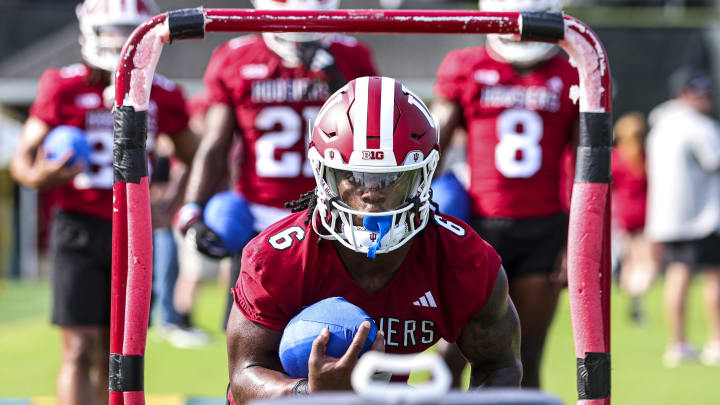 Indiana running back Justice Ellison participates in a drill during fall camp on July 31, 2024.