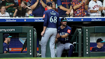 Seattle Mariners pitcher George Kirby (68) goes to the dugout during a game against the Houston Astros on May 22 at Minute Maid Park.