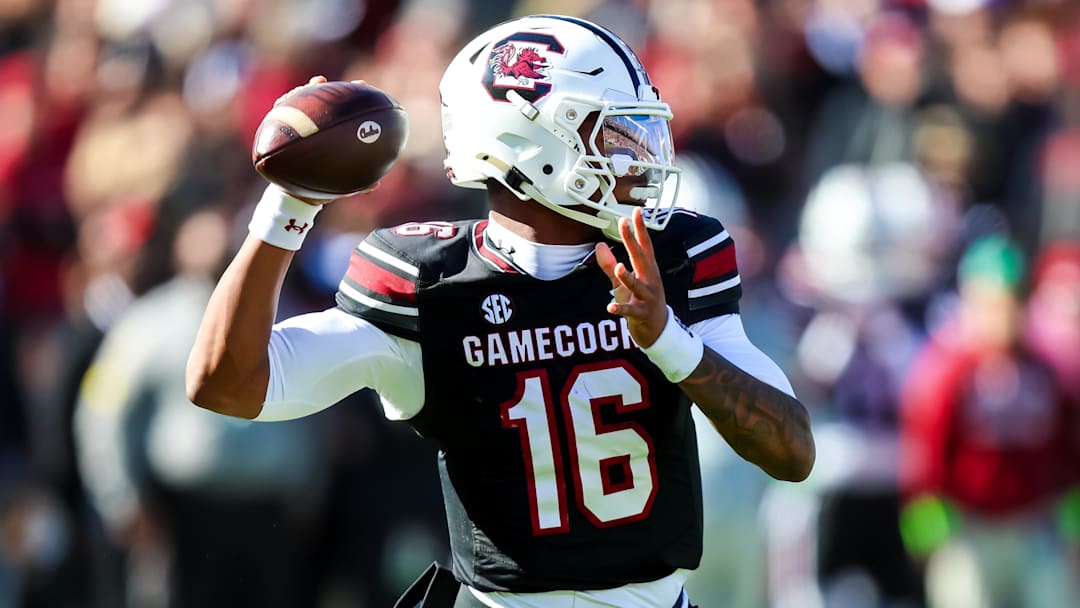 Nov 29, 2025; Columbia, South Carolina, USA; South Carolina Gamecocks quarterback Lanorris Sellers (16) passes against the Clemson Tigers in the first quarter at Williams-Brice Stadium. Mandatory Credit: Jeff Blake-Imagn Images