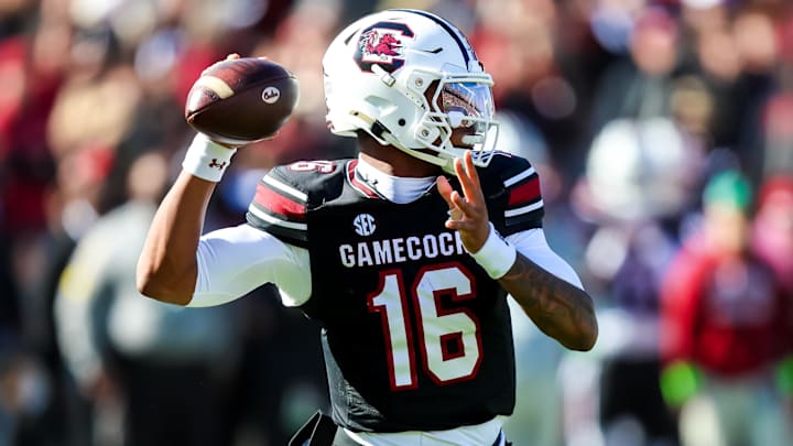 Nov 29, 2025; Columbia, South Carolina, USA; South Carolina Gamecocks quarterback Lanorris Sellers (16) passes against the Clemson Tigers in the first quarter at Williams-Brice Stadium. Mandatory Credit: Jeff Blake-Imagn Images