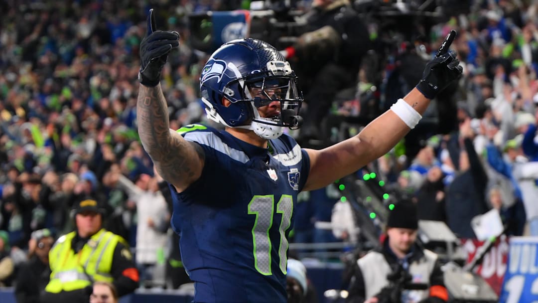 Jan 25, 2026; Seattle, WA, USA; Seattle Seahawks wide receiver Jaxon Smith-Njigba (11) celebrates after scoring a touchdown against the Los Angeles Rams during the first half in the 2026 NFC Championship Game at Lumen Field. Mandatory Credit: Steven Bisig-Imagn Images