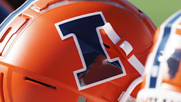 Oct 1, 2022; Madison, Wisconsin, USA;  Illinois Fighting Illini logo on a helmet during warmups prior to the game against the Wisconsin Badgers at Camp Randall Stadium. Mandatory Credit: Jeff Hanisch-Imagn Images