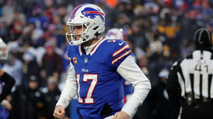 Buffalo Bills quarterback Josh Allen (17) after one of his 3 touchdown passes in a 31-17 win over the Steelers.