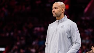 Mar 8, 2025; Charlotte, North Carolina, USA; Brooklyn Nets head coach Jordi Fernandez looks on during the third quarter against the Charlotte Hornets at Spectrum Center. Mandatory Credit: Scott Kinser-Imagn Images
