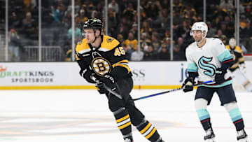 Jan 12, 2023; Boston, Massachusetts, USA; Boston Bruins left wing Joona Koppanen (45) plays in his first NHL game during the third period against the Seattle Kraken at TD Garden. Mandatory Credit: Paul Rutherford-Imagn Images