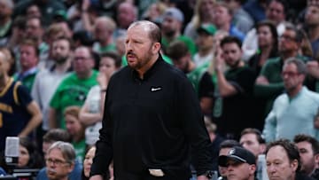 May 7, 2025; Boston, Massachusetts, USA; New York Knicks head coach Tom Thibodeau watches from the sideline as they take on the Boston Celtics during game two of the second round for the 2025 NBA Playoffs at TD Garden. Mandatory Credit: David Butler II-Imagn Images
