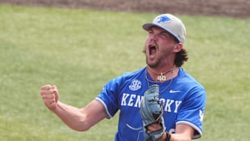 Kentucky's Simon Gregersen (40) yells out in victory after striking out Tennessee's Blake Grimmer (14) to win the NCAA college baseball game in Knoxville, Tenn., on April 20, 2025.