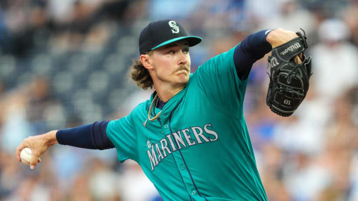  Seattle Mariners starting pitcher Bryce Miller (50) pitches during the first inning against the Kansas City Royals at Kauffman Stadium on June 7.