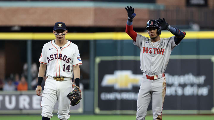 Aug 21, 2024; Houston, Texas, USA;  Boston Red Sox shortstop Ceddanne Rafaela (43) reacts to his RBI double against the Houston Astros at Minute Maid Park. Mandatory Credit: Thomas Shea-USA TODAY Sports