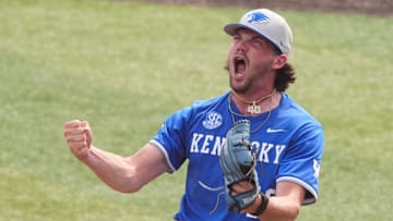 Kentucky's Simon Gregersen (40) screams in victory after striking out Tennessee's Blake Grimmer (14) to win the NCAA college baseball game in Knoxville, Tenn., on April 20, 2025.