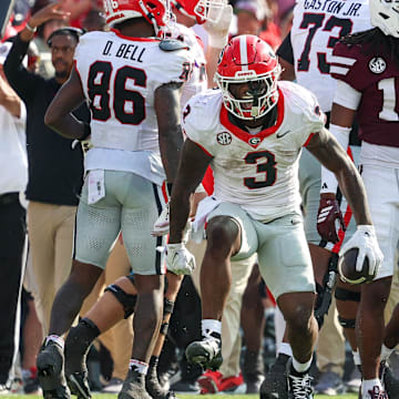 Nov 8, 2025; Starkville, Mississippi, USA; Georgia Bulldogs running back Nate Frazier (3) reacts after running the ball against the Mississippi State Bulldogs during the second half at Davis Wade Stadium at Scott Field. Mandatory Credit: Wesley Hale-Imagn Images