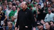 New York Knicks head coach Tom Thibodeau watches from the sideline against the Boston Celtics during the 2025 NBA Playoffs
