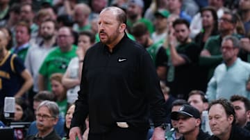New York Knicks head coach Tom Thibodeau watches from the sideline against the Boston Celtics during the 2025 NBA Playoffs