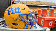 Nov 16, 2024; Pittsburgh, Pennsylvania, USA;  A Pittsburgh Panthers helmet on the sidelines against the Clemson Tigers at Acrisure Stadium. Mandatory Credit: Charles LeClaire-Imagn Images