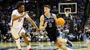 Mar 27, 2025; Newark, NJ, USA; Brigham Young Cougars guard Egor Demin (3) drives to the basket against Alabama Crimson Tide forward Mouhamed Dioubate (10) during the first half during an East Regional semifinal of the 2025 NCAA tournament at Prudential Center. Mandatory Credit: Vincent Carchietta-Imagn Images