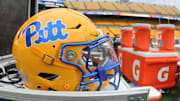 Nov 16, 2024; Pittsburgh, Pennsylvania, USA;  A Pittsburgh Panthers helmet on the sidelines against the Clemson Tigers at Acrisure Stadium. Mandatory Credit: Charles LeClaire-Imagn Images