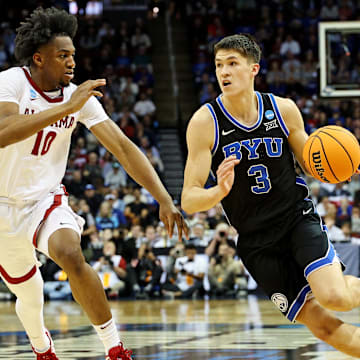 Mar 27, 2025; Newark, NJ, USA; Brigham Young Cougars guard Egor Demin (3) drives to the basket against Alabama Crimson Tide forward Mouhamed Dioubate (10) during the first half during an East Regional semifinal of the 2025 NCAA tournament at Prudential Center. Mandatory Credit: Vincent Carchietta-Imagn Images