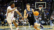 Mar 27, 2025; Newark, NJ, USA; Brigham Young Cougars guard Egor Demin (3) drives to the basket against Alabama Crimson Tide forward Mouhamed Dioubate (10) during the first half during an East Regional semifinal of the 2025 NCAA tournament at Prudential Center. Mandatory Credit: Vincent Carchietta-Imagn Images