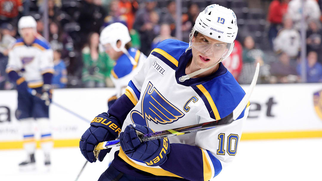 Mar 7, 2025; Anaheim, California, USA; St. Louis Blues center Brayden Schenn skates during warmups before a game against the Anaheim Ducks at Honda Center.
