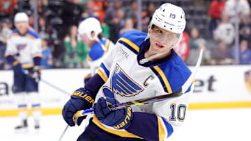 Mar 7, 2025; Anaheim, California, USA; St. Louis Blues center Brayden Schenn skates during warmups before a game against the Anaheim Ducks at Honda Center.