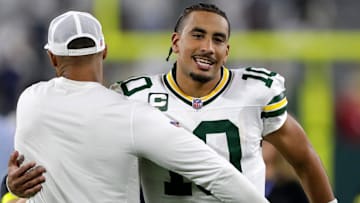 Green Bay Packers quarterback Jordan Love celebrates after winning a game against the Washington Commanders.