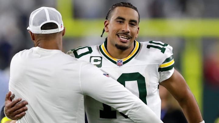 Green Bay Packers quarterback Jordan Love celebrates after winning a game against the Washington Commanders.