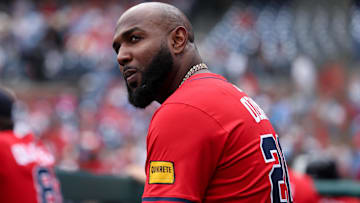 May 29, 2025; Philadelphia, Pennsylvania, USA; Atlanta Braves designated hitter Marcell Ozuna (20) looks on during the third inning against the Philadelphia Phillies at Citizens Bank Park. Mandatory Credit: Bill Streicher-Imagn Images