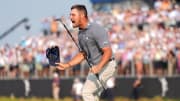 Bryson DeChambeau celebrates after holing a par putt on the 18th green to win the U.S. Open.