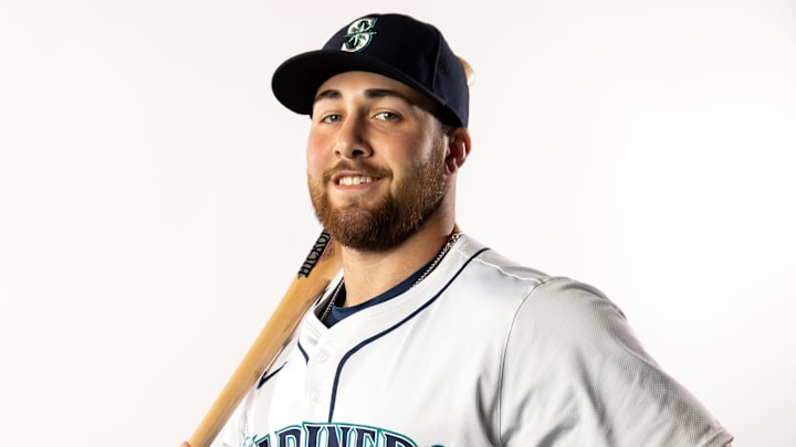 Feb 20, 2025; Peoria, AZ, USA; Seattle Mariners infielder Tyler Locklear poses for a portrait during media day at Peoria Sports Complex. Mandatory Credit: Mark J. Rebilas-Imagn Images