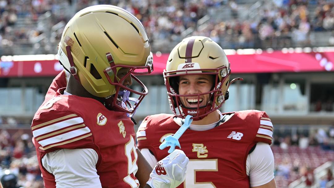 Boston College WR Johnathan Montague Jr. celebrates his touchdown with WR Jackson Wade during the first half against Maine. Mandatory Credit: Eric Canha-Imagn Images Boston College WR Johnathan Montague Jr. celebrates his touchdown with WR Jackson Wade during the first half against Maine. Mandatory Credit: Eric Canha-Imagn Images