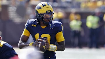 Oct 4, 2025; Ann Arbor, Michigan, USA;  Michigan Wolverines quarterback Bryce Underwood (19) passes in the first half against the Wisconsin Badgers at Michigan Stadium. Mandatory Credit: Rick Osentoski-Imagn Images