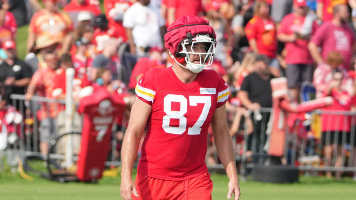 Jul 22, 2024; St. Joseph, MO, USA; Kansas City Chiefs tight end Travis Kelce (87) lines up at the line of scrimmage during training camp at Missouri Western State University. Mandatory Credit: Denny Medley-USA TODAY Sports