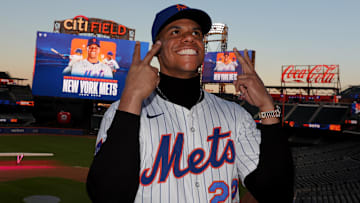 Dec 12, 2024; Flushing, NY, USA; New York Mets right fielder Juan Soto poses for photos during his introductory press conference at Citi Field. Mandatory Credit: Brad Penner-Imagn Images