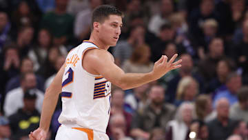 Phoenix Suns guard Collin Gillespie (12) reacts to a shot against the Utah Jazz during the second half at Delta Center. Mandatory Credit: Rob Gray-Imagn Images