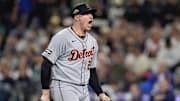 Tigers pitcher Tarik Skubal celebrates striking out Mariners catcher Cal Raleigh I the sixth inning of ALDS Game 5 at T-Mobile Park in Seattle on Friday, Oct. 10, 2025