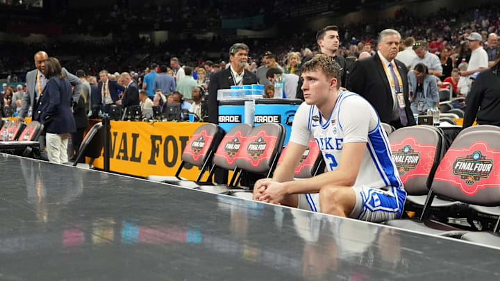 Duke Blue Devils forward Cooper Flagg during halftime in the semifinals of the men's Final Four of the 2025 NCAA Tournament