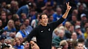 Dec 3, 2025; Dallas, Texas, USA;  Miami Heat head coach Erik Spoelstra reacts against the Dallas Mavericks during the second half at American Airlines Center. Mandatory Credit: Kevin Jairaj-Imagn Images