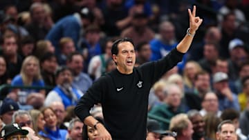 Dec 3, 2025; Dallas, Texas, USA;  Miami Heat head coach Erik Spoelstra reacts against the Dallas Mavericks during the second half at American Airlines Center. Mandatory Credit: Kevin Jairaj-Imagn Images