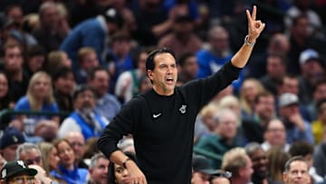 Dec 3, 2025; Dallas, Texas, USA;  Miami Heat head coach Erik Spoelstra reacts against the Dallas Mavericks during the second half at American Airlines Center. Mandatory Credit: Kevin Jairaj-Imagn Images