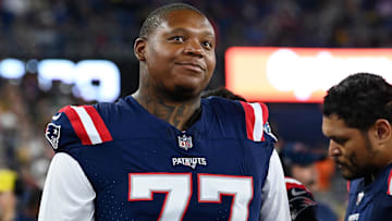 Former New England Patriots offensive tackle Trent Brown (77) during the first half against the Houston Texans at Gillette Stadium. Man