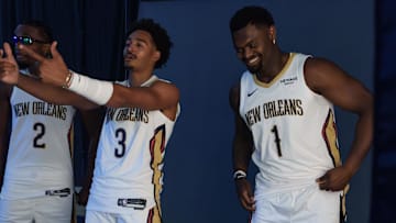 Sep 23, 2025; Metairie, LA, USA; New Orleans Pelicans forward Herbert Jones (2), guard Jordan Poole (3), and forward Zion Williamson (1) take part in media day at Ochsner Sports Performance Center. Mandatory Credit: Matthew Hinton-Imagn Images