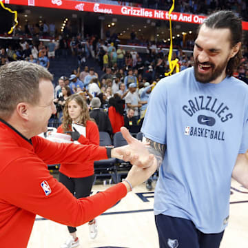 Apr 4, 2023; Memphis, Tennessee, USA; Memphis Grizzlies center Steven Adams (right) talks with a Portland Trail Blazers assistant coach after the game at FedExForum. Mandatory Credit: Petre Thomas-Imagn Images