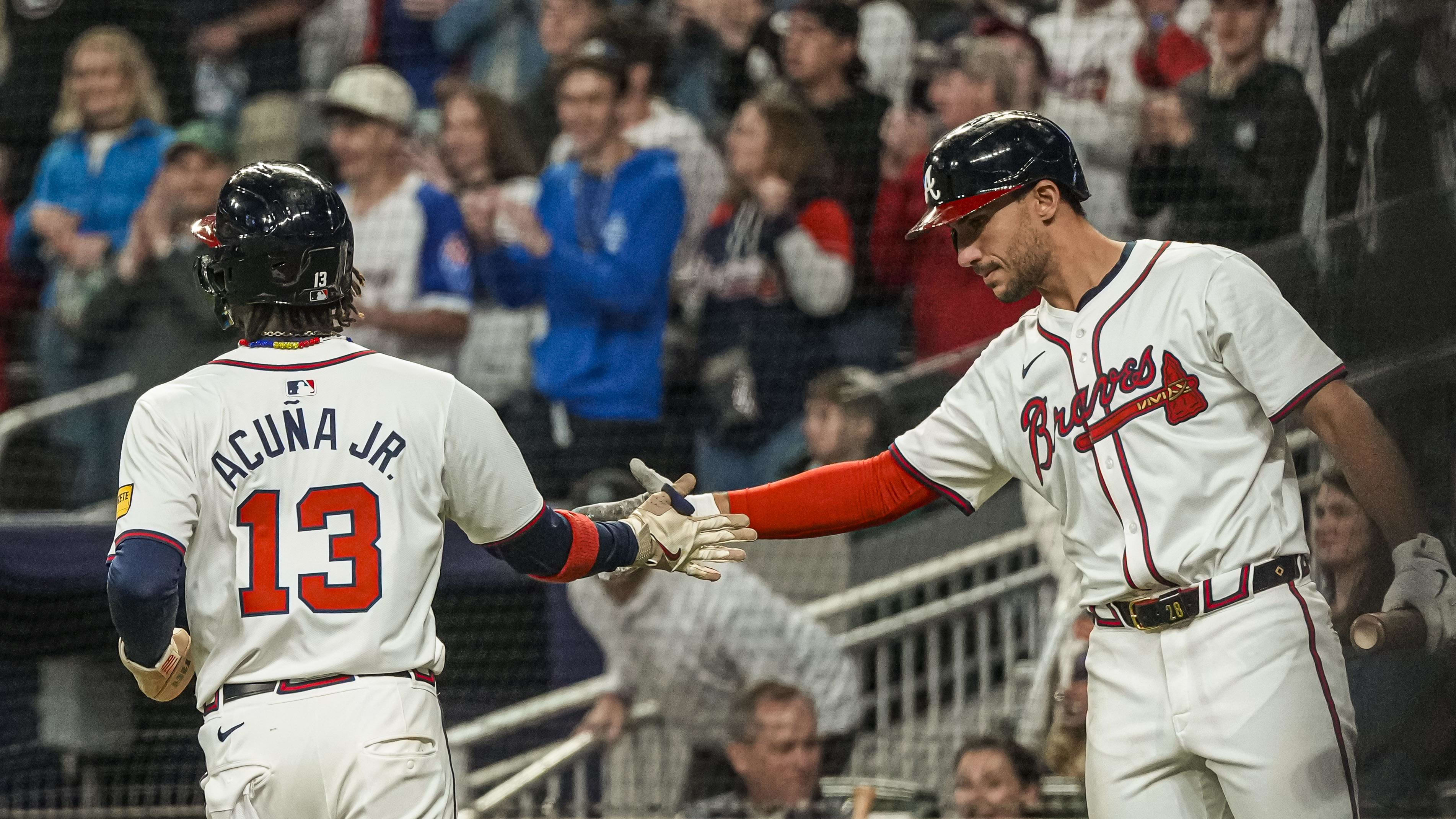 Apr 21, 2024; Cumberland, Georgia, USA; Atlanta Braves right fielder Ronald Acuna Jr (13) reacts