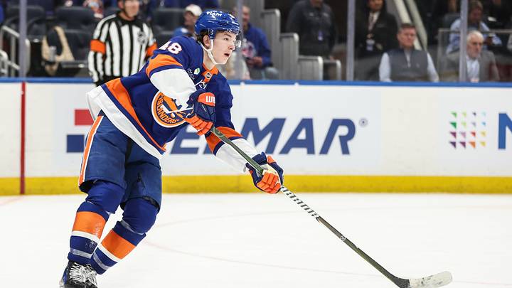 Apr 9, 2026; Elmont, New York, USA;  New York Islanders defenseman Matthew Schaefer (48) plays the puck in the third period against the Toronto Maple Leafs at UBS Arena. Mandatory Credit: Wendell Cruz-Imagn Images