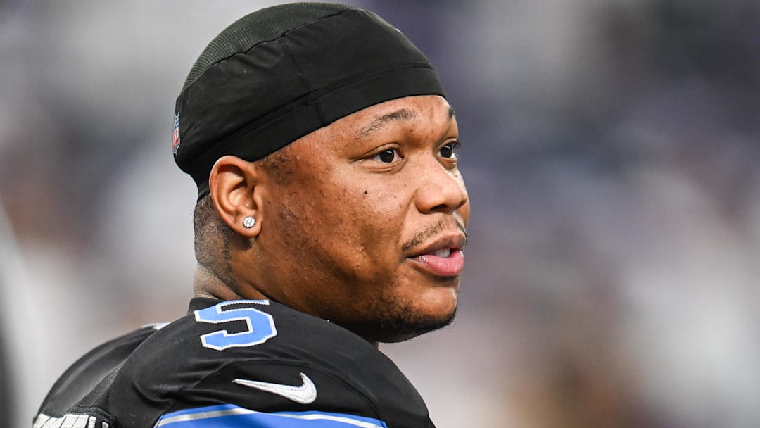 Dec 25, 2025; Minneapolis, Minnesota, USA; Detroit Lions running back David Montgomery (5) looks on before the game against the Minnesota Vikings at U.S. Bank Stadium.